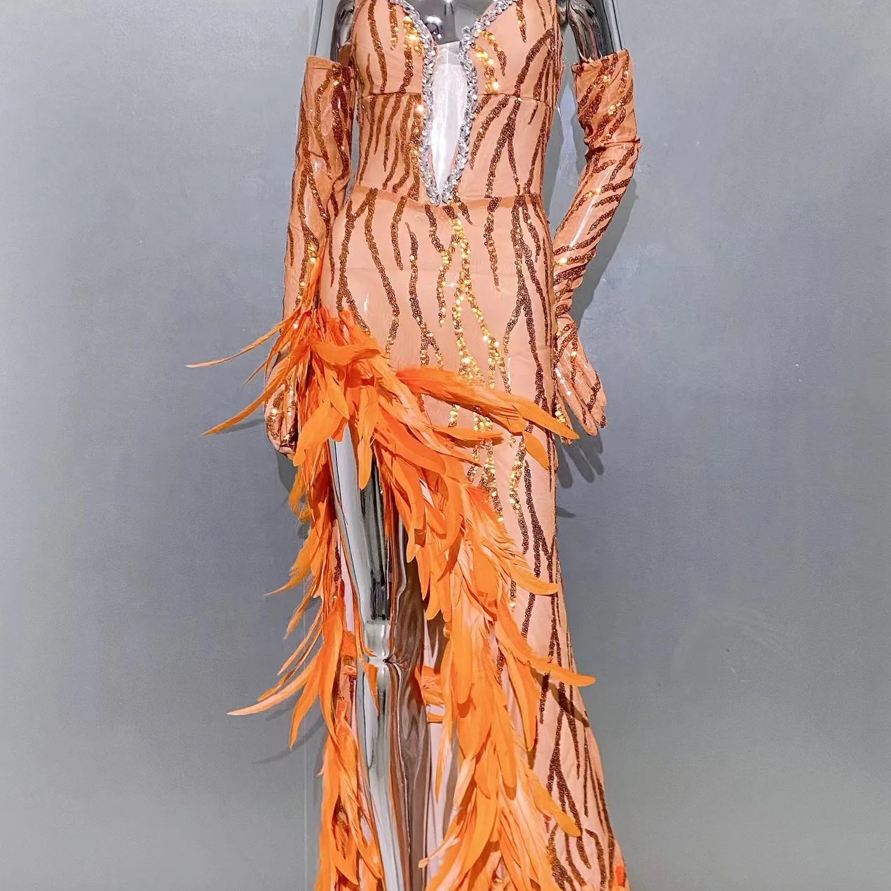 Women Luxury Sexy V Neck Feather Beading Mesh Sequins Sparkly Maxi Long Gowns Dress Elegant Celebrity Evening Party Club Dress Orange