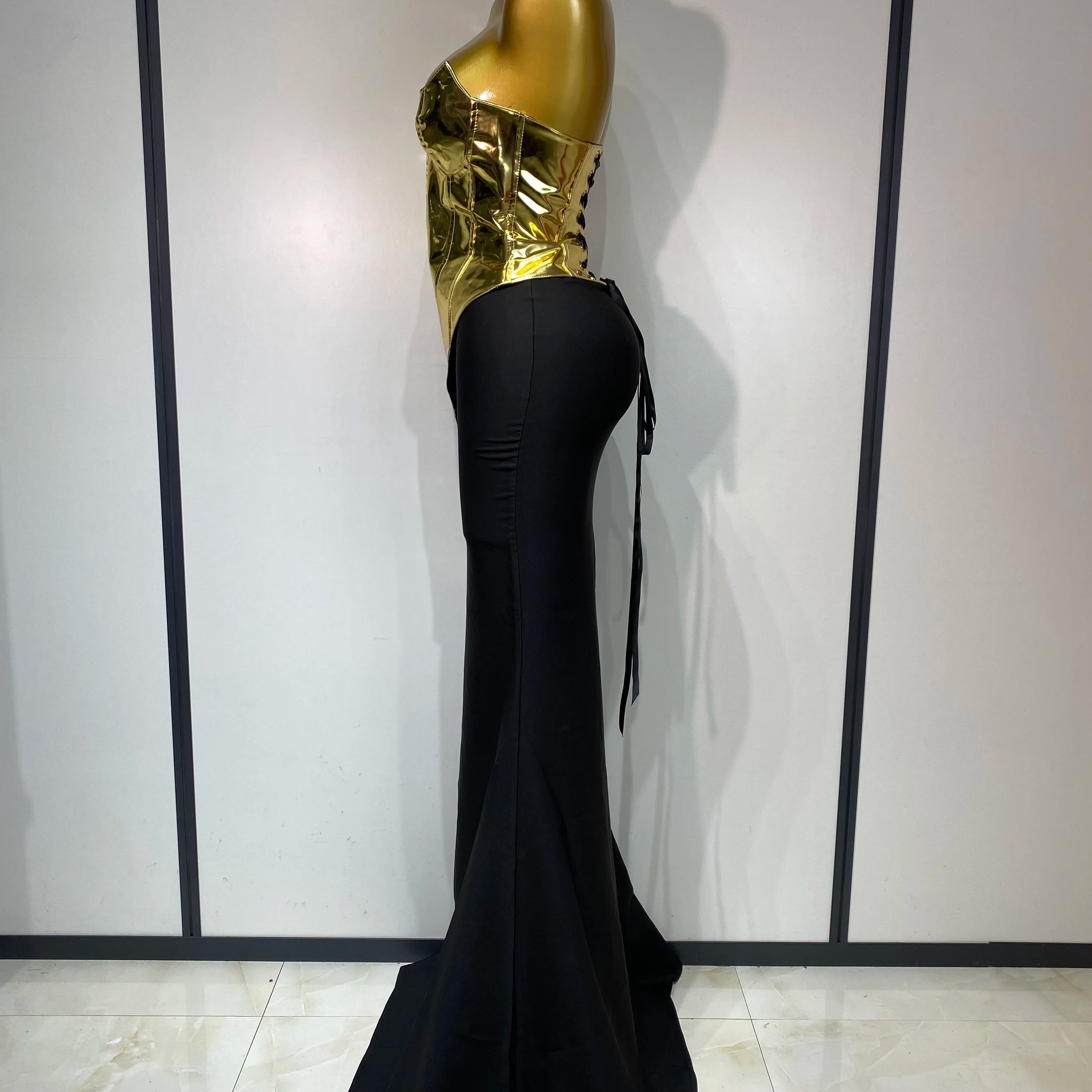 Women Sexy Strapless Gold Two Piece Set Celebrity Elegant Evening Party Maxi Skirt Suit Luxury Birthday Club Gown