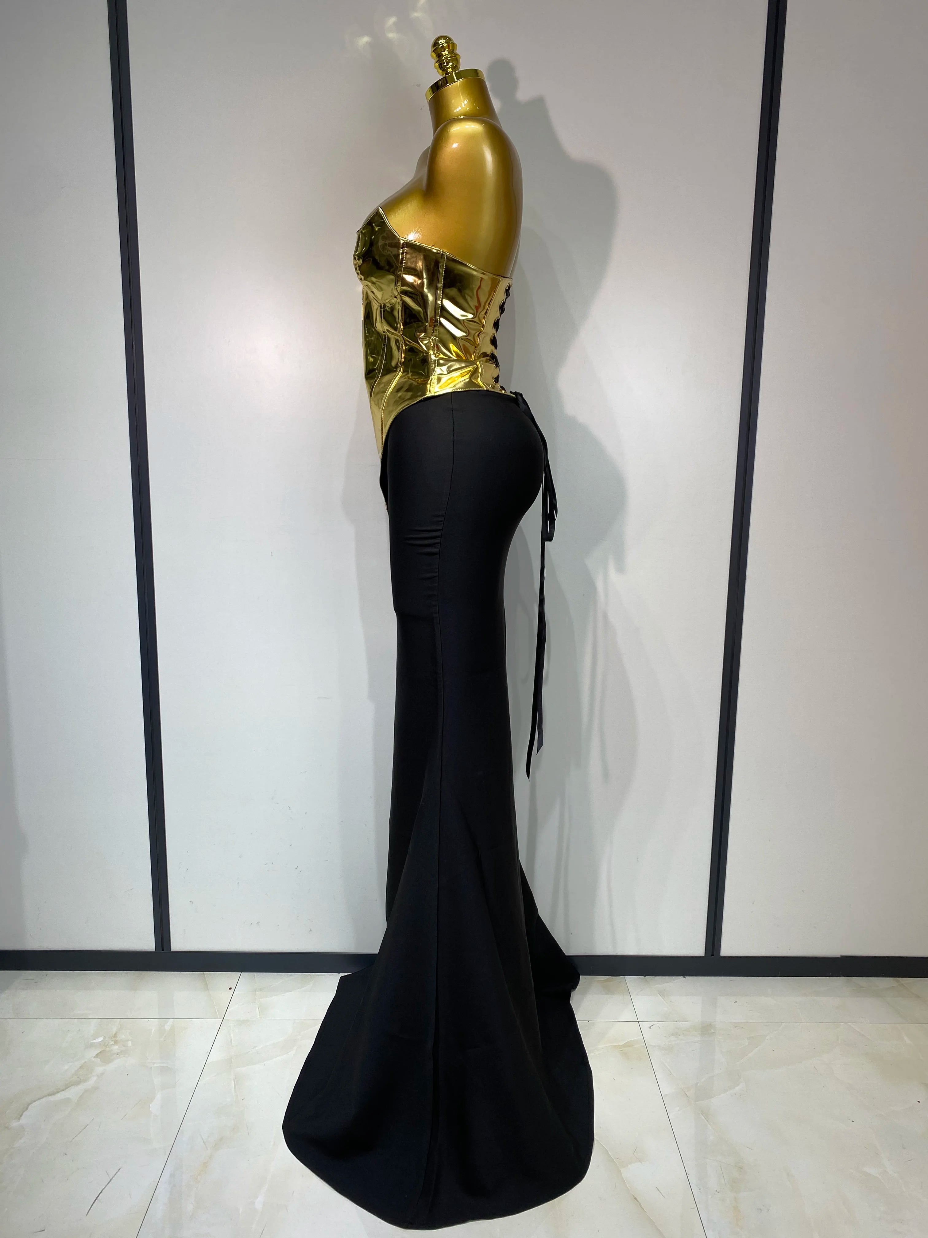Women Sexy Strapless Gold Two Piece Set Celebrity Elegant Evening Party Maxi Skirt Suit Luxury Birthday Club Gown