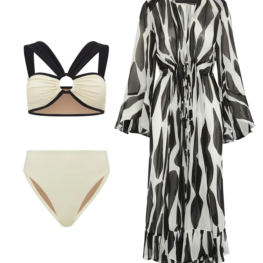 Milky White One-piece Swimwear Design Cut-out Stylish Elegant Swimsuit Body Fit Summer Vacation Seaside Swimsuit And Cover Up