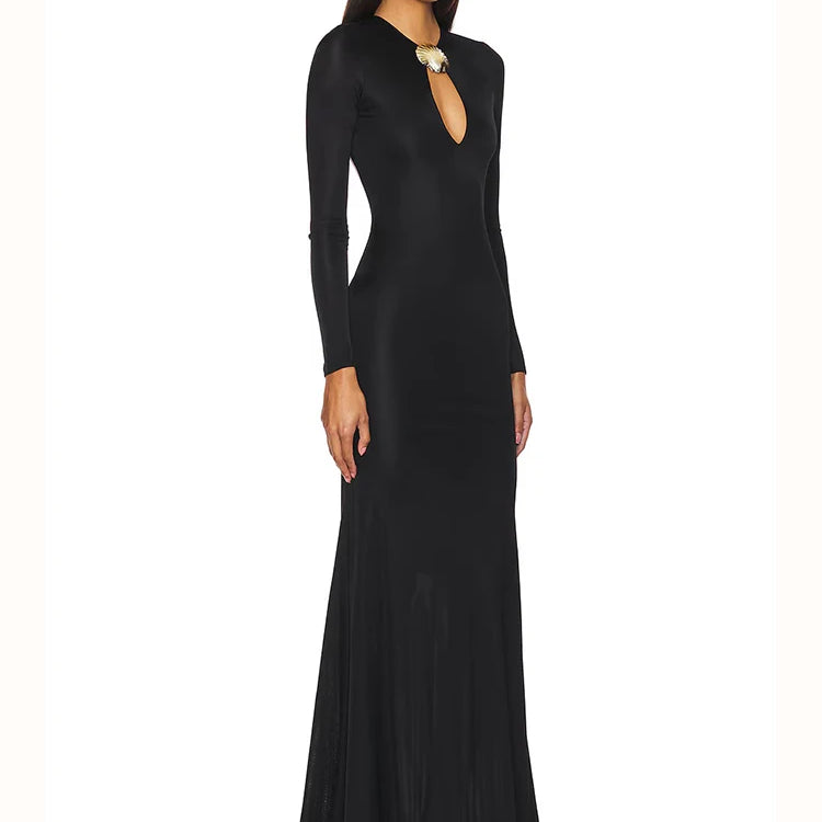 Sophisticated Long Sleeved Black Maxi Dress with Cut-Out and Open Back for Gala Affairs Evening Gown