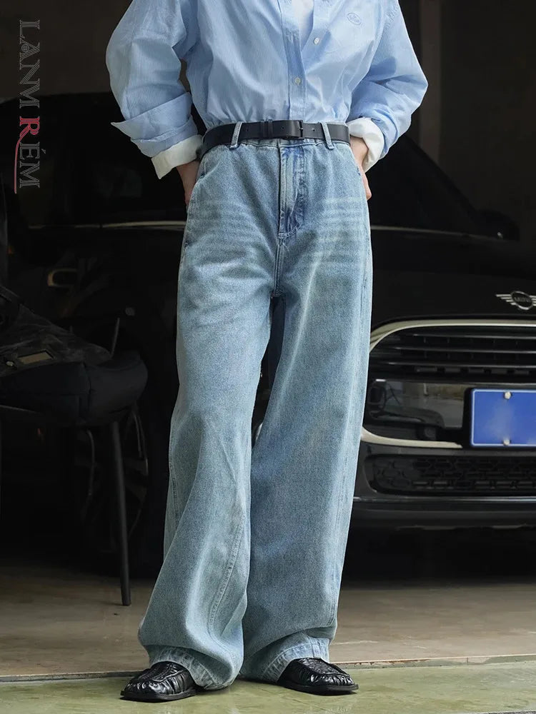[LANMREM] Streetwear Washed Jeans For Women High Waist Straight Wide Leg Pants Fashion Female Denim Trousers Spring New