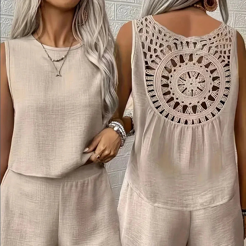 Women’s Plus Size Linen Sets Hollow Out Back Round Neck Sleeveless Vest And Shorts 2-Piece Set Summer Female Daily Vacation Sets Khaki