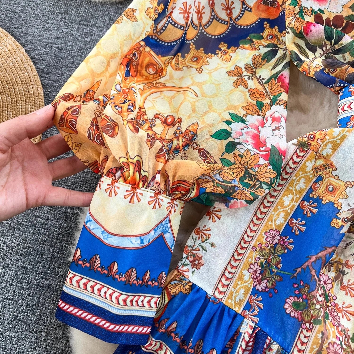 Summer Gorgeous Holiday Beach Mini Dress Women's Stand Long Lantern Sleeve Vintage Print Belt Lace Up Chiffon Loose Vestido 6259