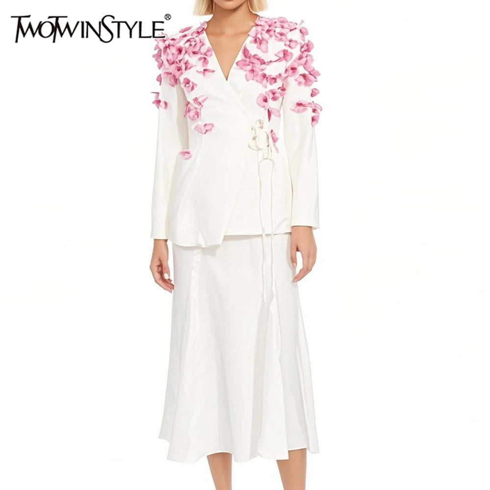 Spliced Petal Two Piece Sets for Women V Neck Long Sleeve Patchwork Lace Up Top High Wasit Skirt Elegant Set Female