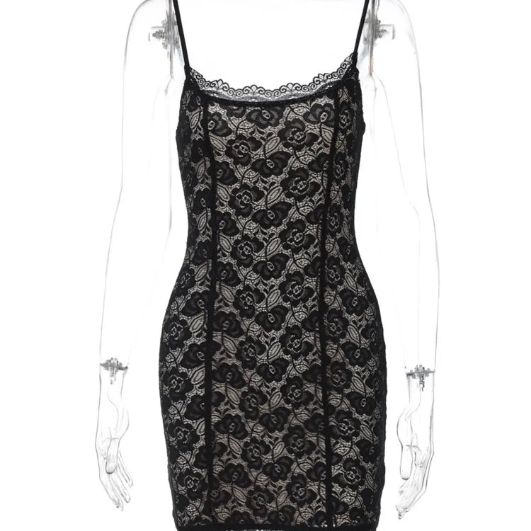 Lace Spaghetti Strap Sexy Mini Dress For Women Robe Fashion Off-shoulder Sleeveless Backless Floral Print Skinny Dress