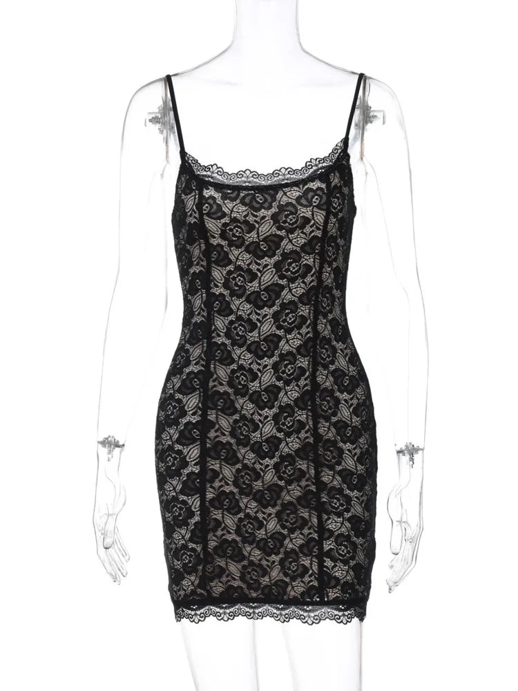 Lace Spaghetti Strap Sexy Mini Dress For Women Robe Fashion Off-shoulder Sleeveless Backless Floral Print Skinny Dress