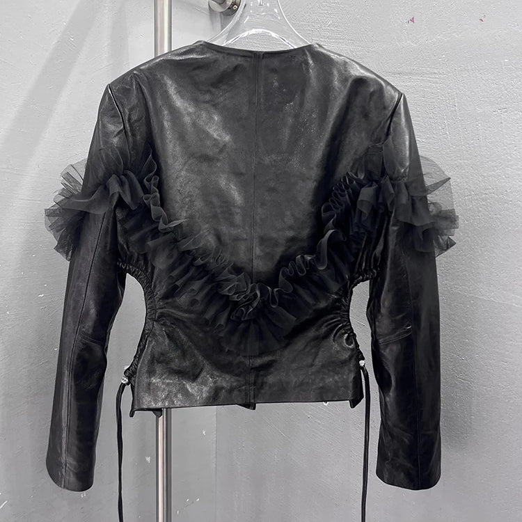 Lautaro Spring Short Black Lace Patchwork Leather Jacket Women Deep V Neck Hollowed Out at the Waist Luxury Designer Emo Clothes