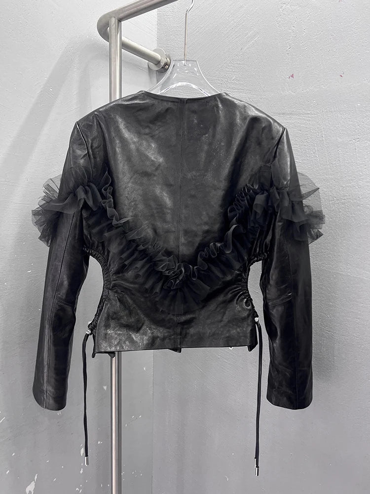 Lautaro Spring Short Black Lace Patchwork Leather Jacket Women Deep V Neck Hollowed Out at the Waist Luxury Designer Emo Clothes