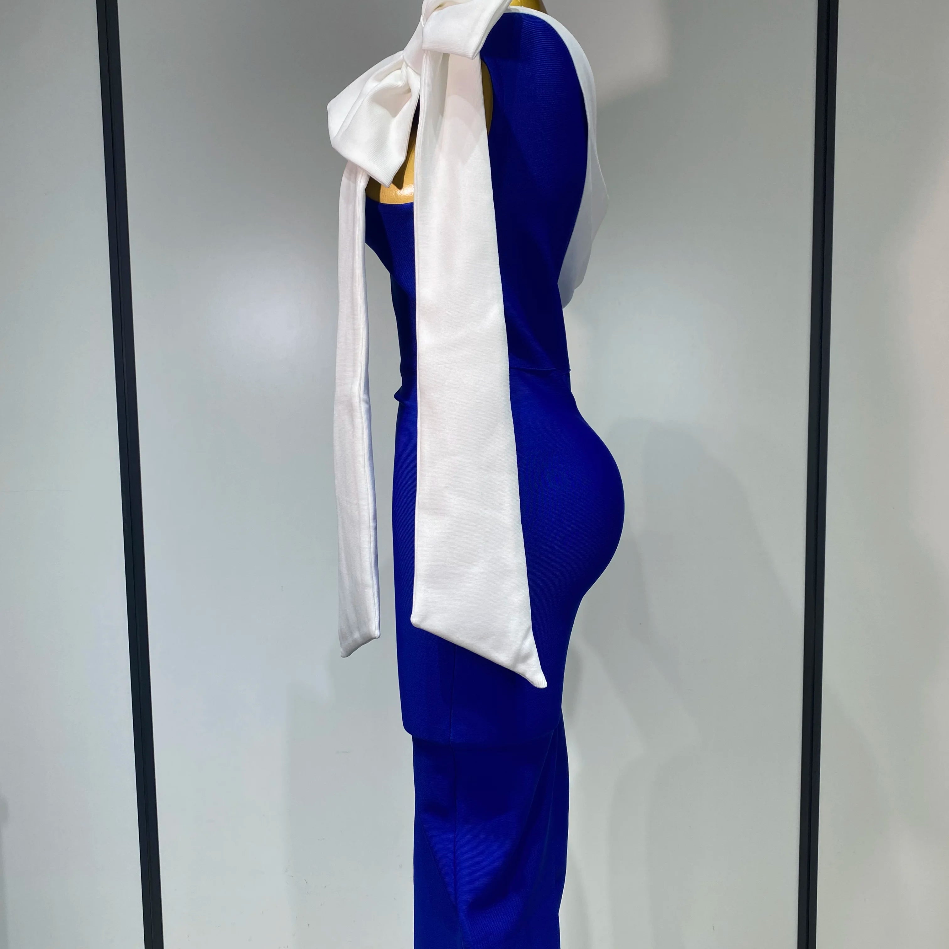 Women Sexy One Shoulder Splicing Bow Bodycon Bandaged Dress Celebrity Elegant Evening Party Luxury Birthday Banquet Dress