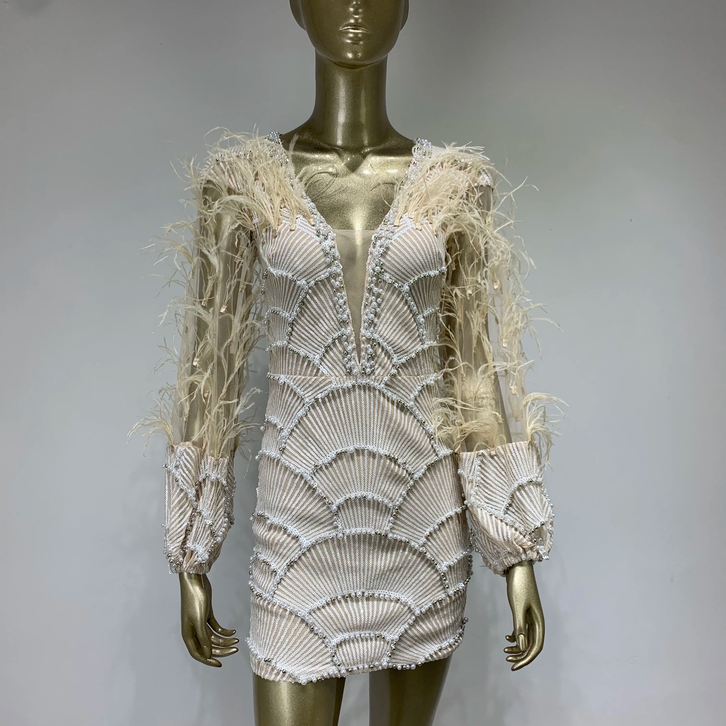 Women Summer Sexy Long Sleeve Beige Sequins Mesh Pearl Feather Mini Bodycon Gowns Dress 2023 Elegant Evening Party Club Dress