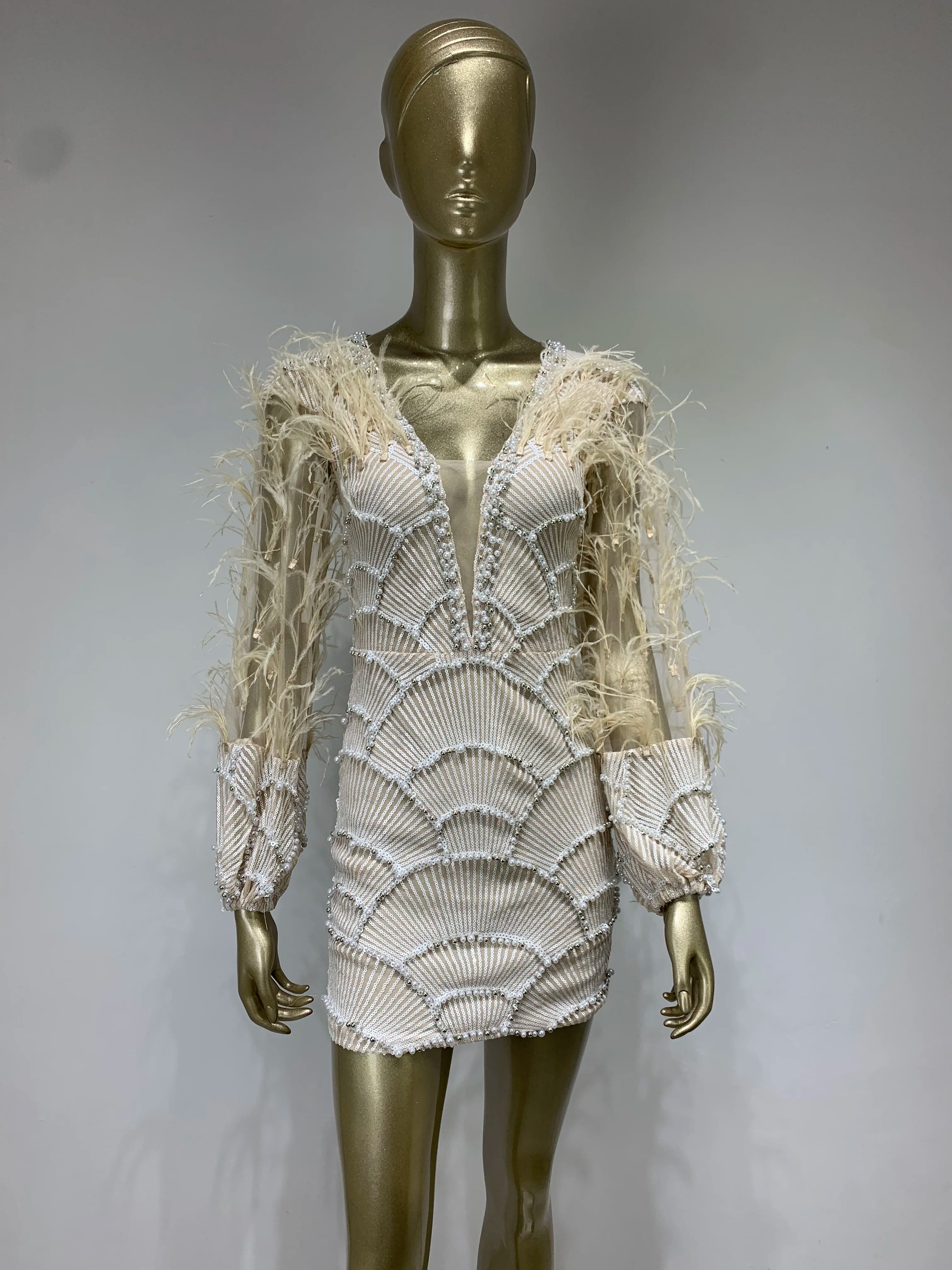 Women Summer Sexy Long Sleeve Beige Sequins Mesh Pearl Feather Mini Bodycon Gowns Dress 2023 Elegant Evening Party Club Dress