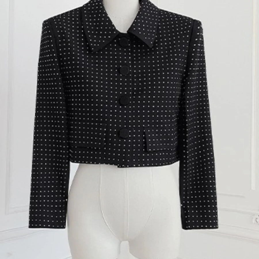 Slimming Spliced Hot Fix Two Piece Sets for Women Lapel Long Sleeves Patchwork Single Breasted Top Skirt Set Female BLACKTOP