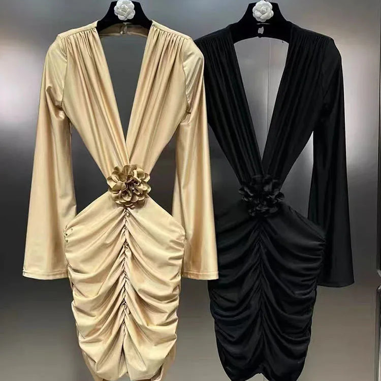 DEAT New Items Trendy Women's Wrinkled 3D Flower Chest Pad Dress Spring Fashion Long Sleeves V-neck Dresses Female 11XX8774