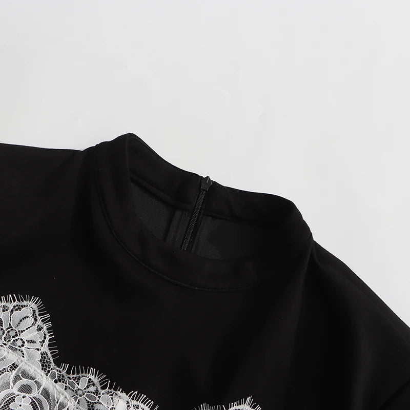 Hit Color Slimming Spliced Lace Dresses for Women Round Neck Half Sleeve Split Temperament Dress Female Fashion New