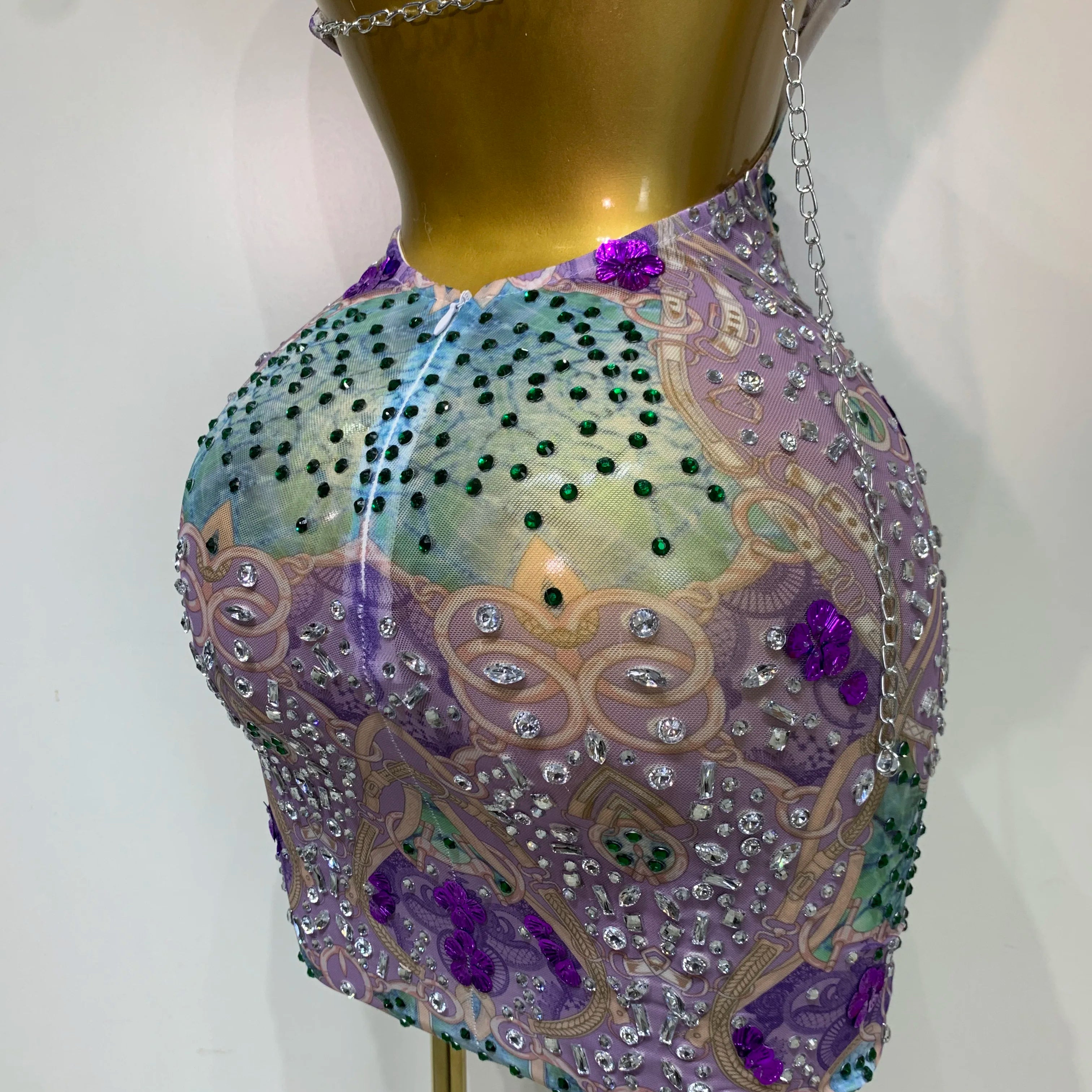 Sprakly Rhinestones Women Sexy Mesh See Through Hollow Out Mini Dress Luxury Birthday Birthday Photo Shoot Performance Costume