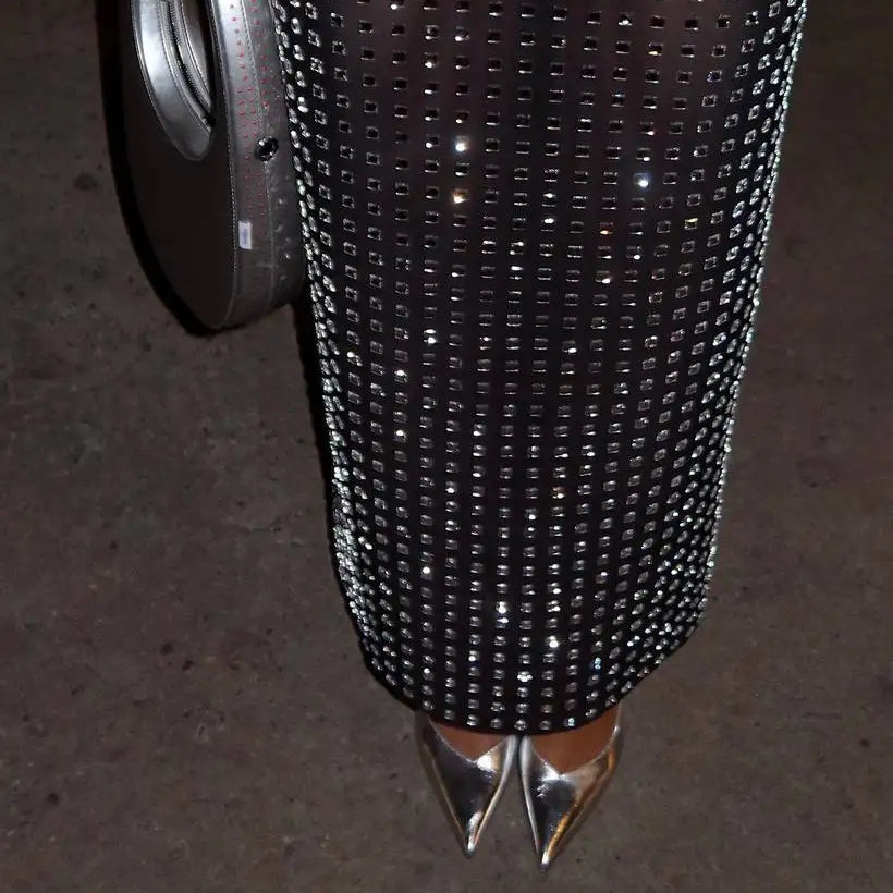 Shining Square Diamonds Sexy Mesh See Through Black Long Skirt Fashion Woman High Street Wear Evening Party Outfit