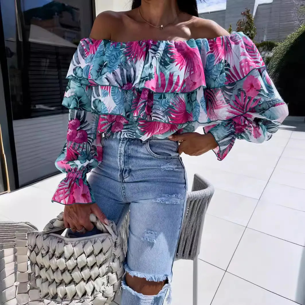 Summer Fashion Off Shoulder Printed Chiffon B LouseWomen Sexy Beach Style Slash Neck Ruffle Chiffon Blouse Women