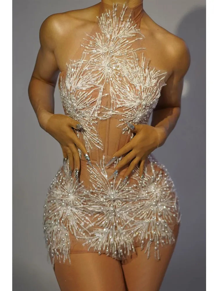 Stock Women Backless Halter Tassel Pearl Snow Mini White Dress Birthday Party Costume Bar Nightclub Stage Performance Dress