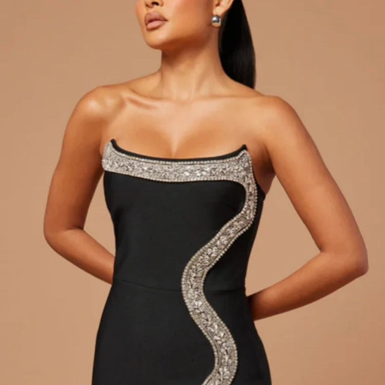 Red Black Women Sexy Strapless Shinning Diamond Line Bodycon Long Bandage Dress Elegant Birthday Party Cocktail Dress Outfit
