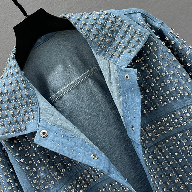 Streetwear Patchwork Rivet Denim Jacket Women Fashion Lapel Long Sleeve Loose Coats Female Outerwear Autumn