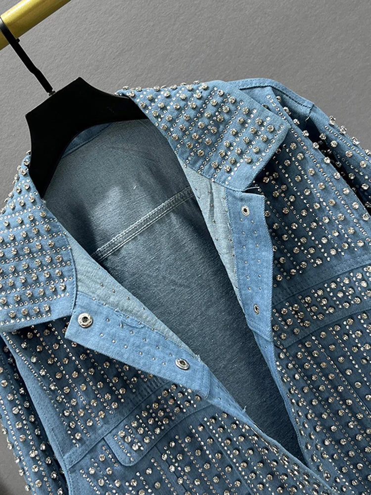Streetwear Patchwork Rivet Denim Jacket Women Fashion Lapel Long Sleeve Loose Coats Female Outerwear Autumn