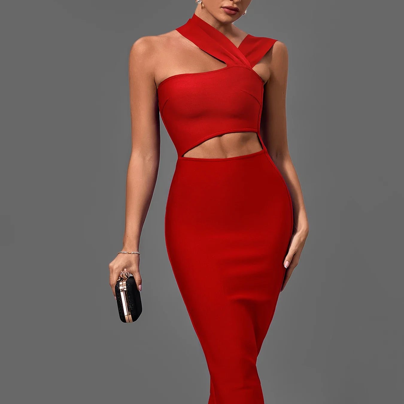 Black Bandage Dress Women Midi Party Dress Bodycon Elegant Halter Neck Sexy Cut Out Birthday Evening Club Outfits Summer Red