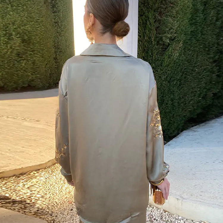 Fashion Print Sequin Shirt 2 Piece Sets For Women Loose Lapel Long Sleeves Top Wide Leg Pants Suits Lady Elegant Outfits