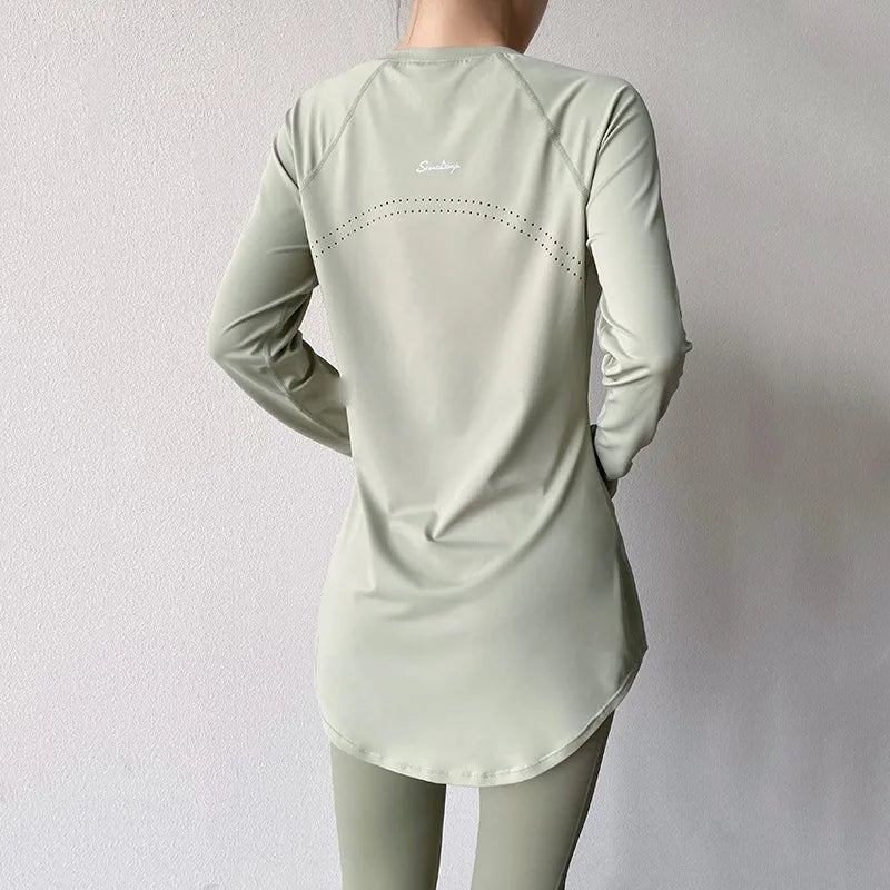Xlwsbcr Long Sleeve Tees Sport Top Women Shirts Cover Hip Gym Shirt Fitness Fitted Tops Quick Dry Blouses Running Pilates Wear CX407 green