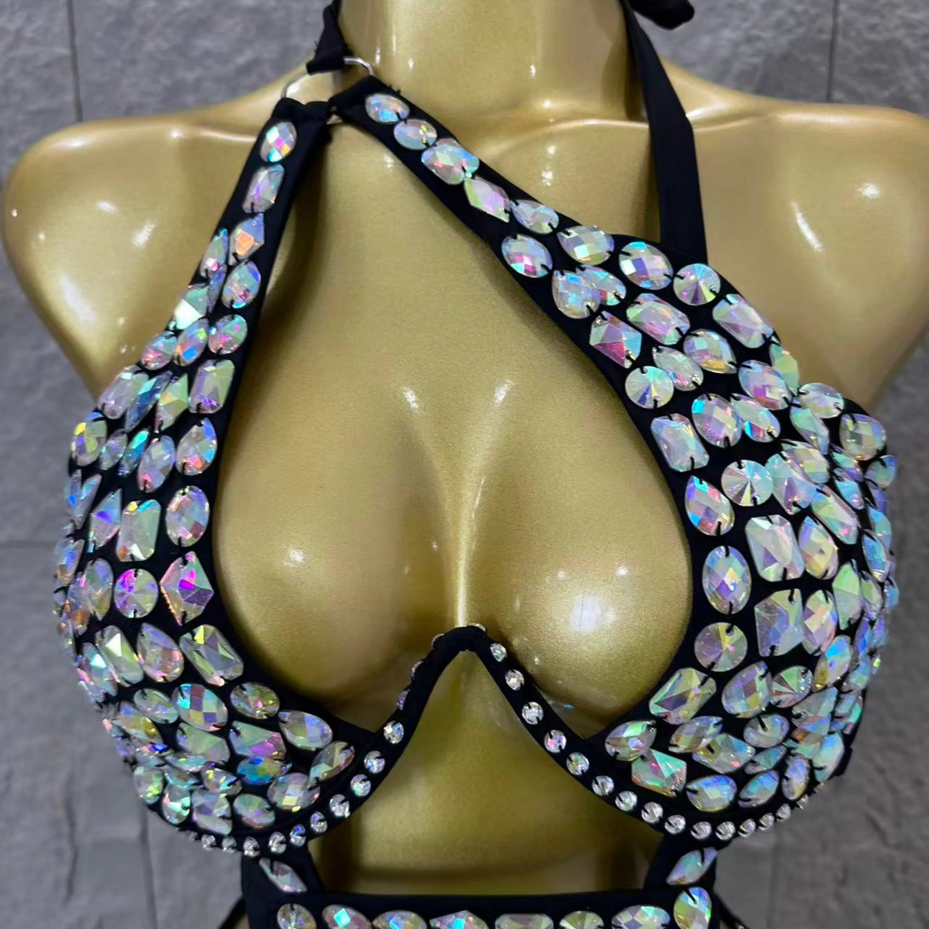 Women Sexy Halter Neck Iridescent Crystal Embellished Cutout Outfit Stage Performance Costume 2026 Luxurious Black Bodysuit