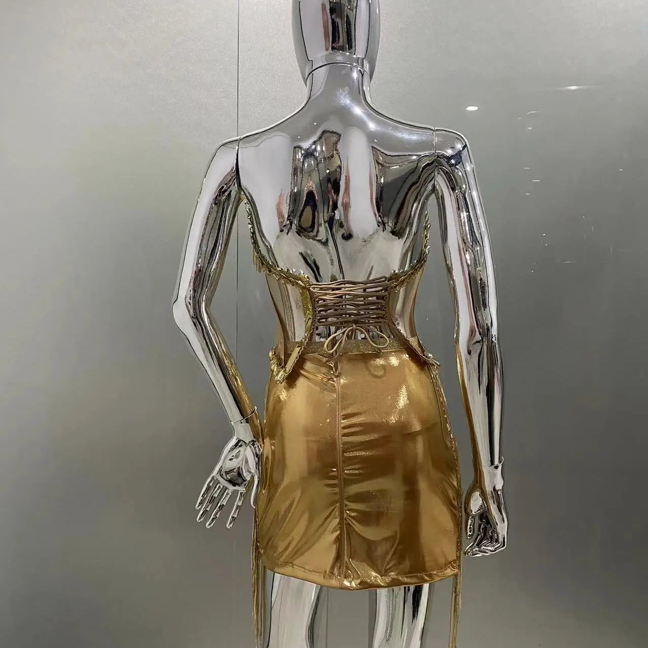 Gold Color Women Sexy Strapless Shinning Crystal 2 Pieces Bodycon Mini Dress Nightclub Party Performance Costume Birthday Dress