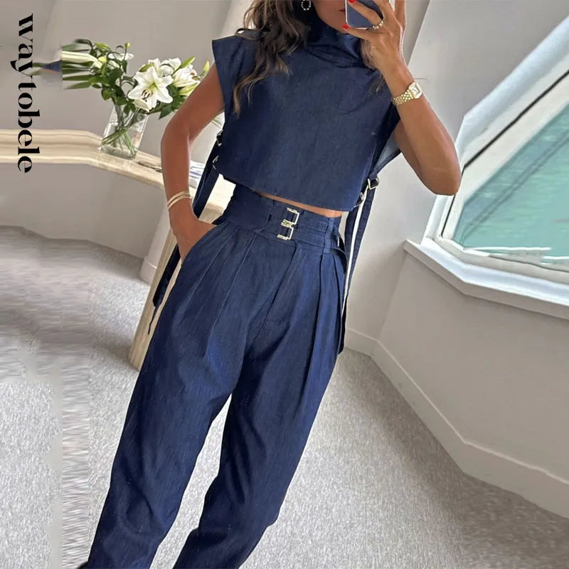 Waytobele Women Two Piece Set Summer Fashion Office Solid High Neck Short Sleeve Top Straight With Pockets Buckle Pants Sets Navy Blue