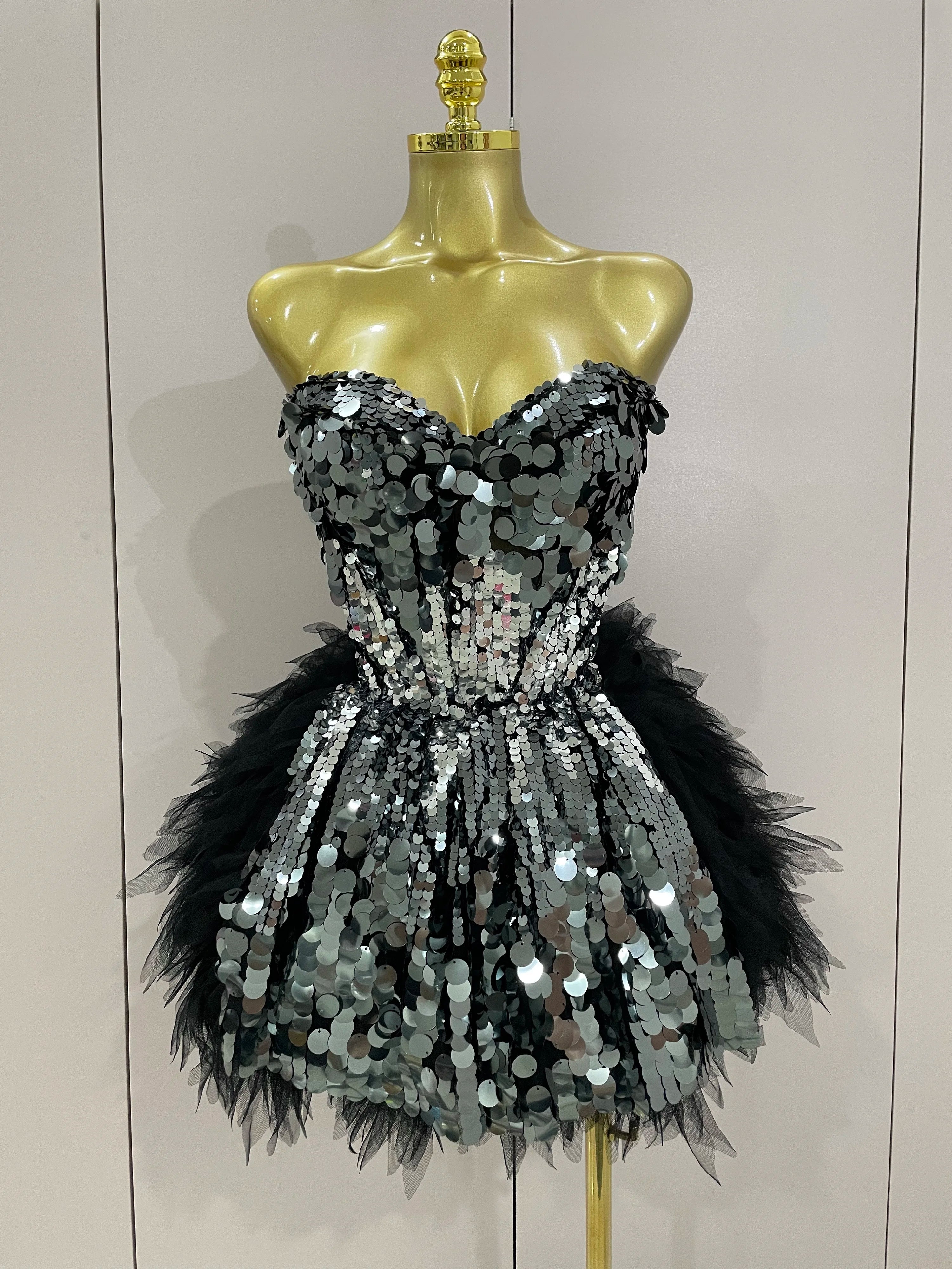 2025 New Stage Costume Women's Sparkly Sequin Mesh A Line Top Skirt 2 Pieces Set Nightclub Party Birthday Dress Photo Shoot Wear MULTI