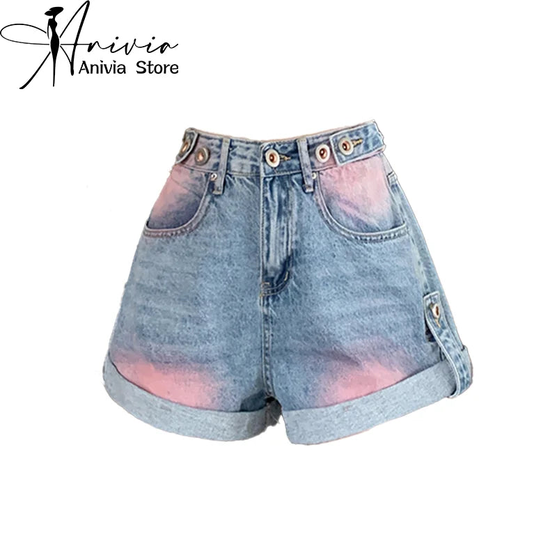 Women's Summer American Retro Jeans Blue Black High Street Button Washed Painted Y2K Design Loose Wide Leg Denim Shorts New Blue