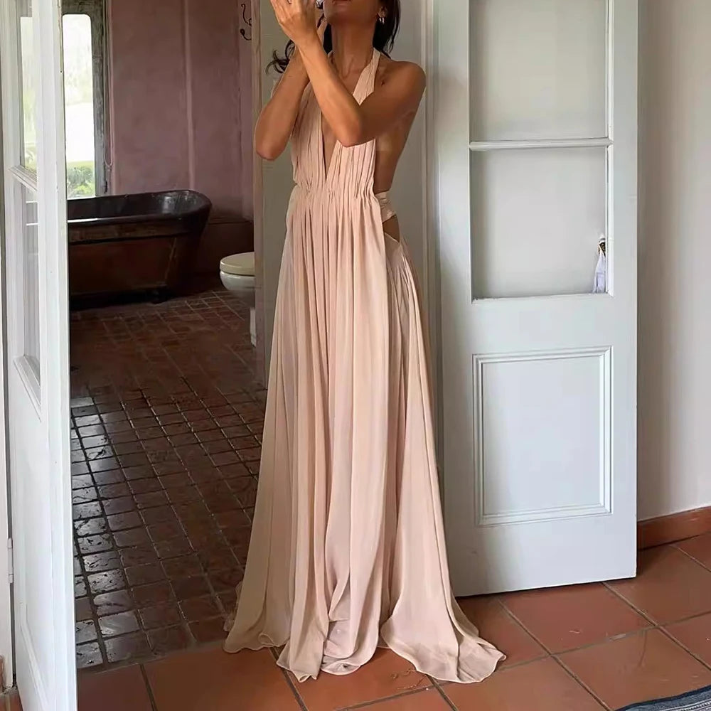 Solid Sheer Sexy Dresses for Women V Neck Sleeveless Nackless Patchwork Folds Temperament Dress Female Clothing New