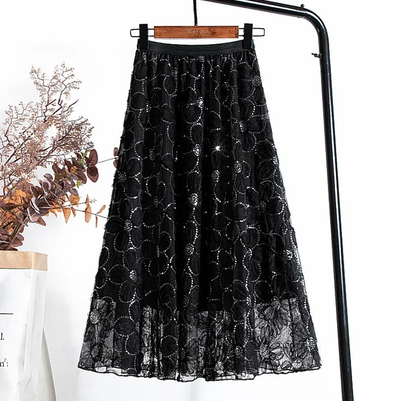 Lace Tulle Skirts New Spring A-Line Floral Embroidery Beading Shiny Sequins Mesh Tutu Skirt for Women Faldas Mujer Moda P416 Black 40-55kg