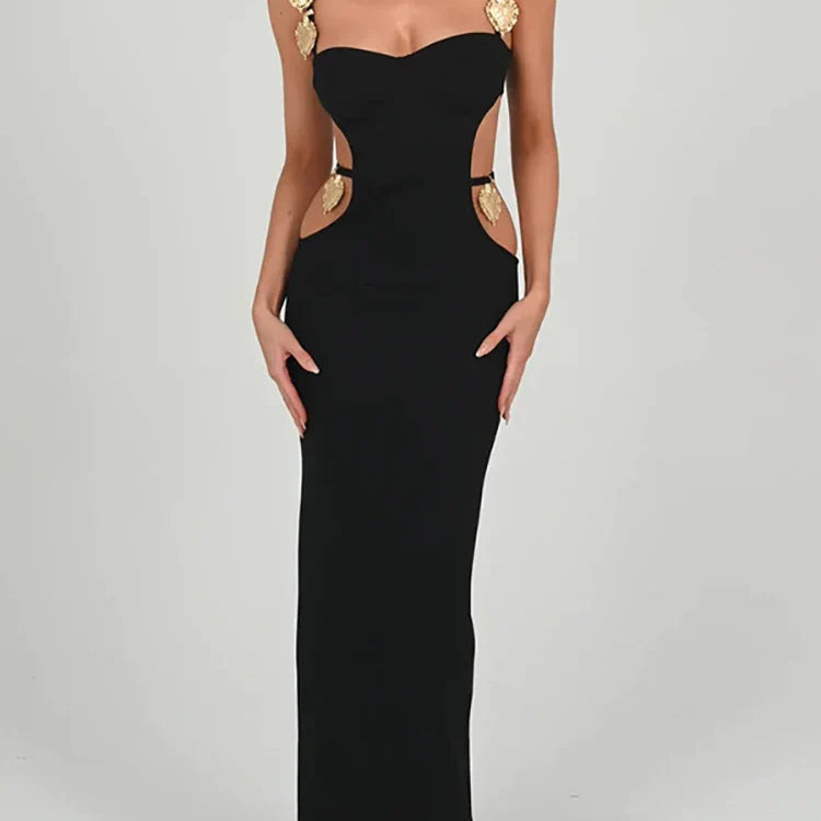 Articat Metal Shell Spaghetti Strap Women Dress Orange Patchwork Hollow Out Maxi Dress Female Skinny Elegant Party Clubwear 2022 Black Maxi Dress