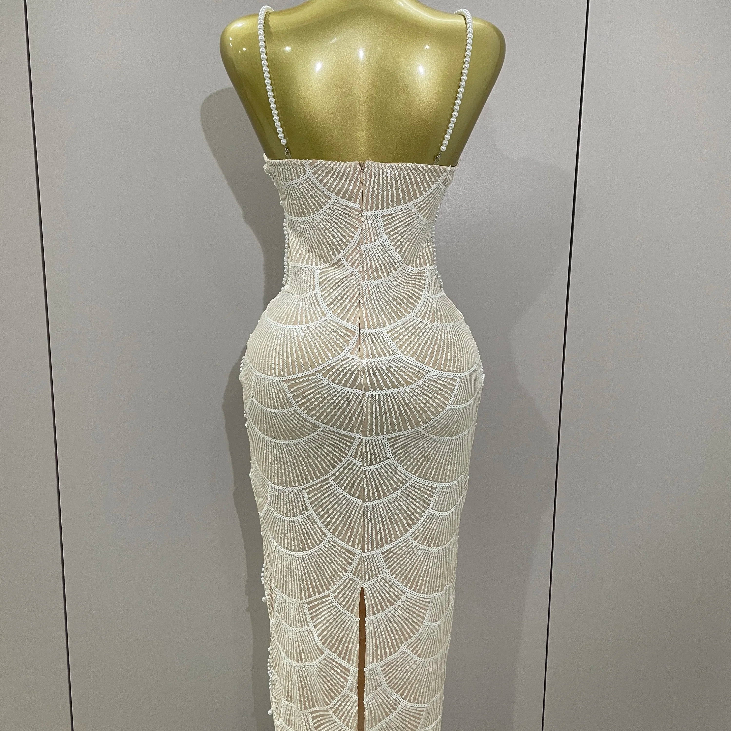 Women Hot Sale Sleeveless Sexy Strap Pearl Beading Sequins Bodycon Long Dress Celebrate Evening Party Birthday Outfit Vestido