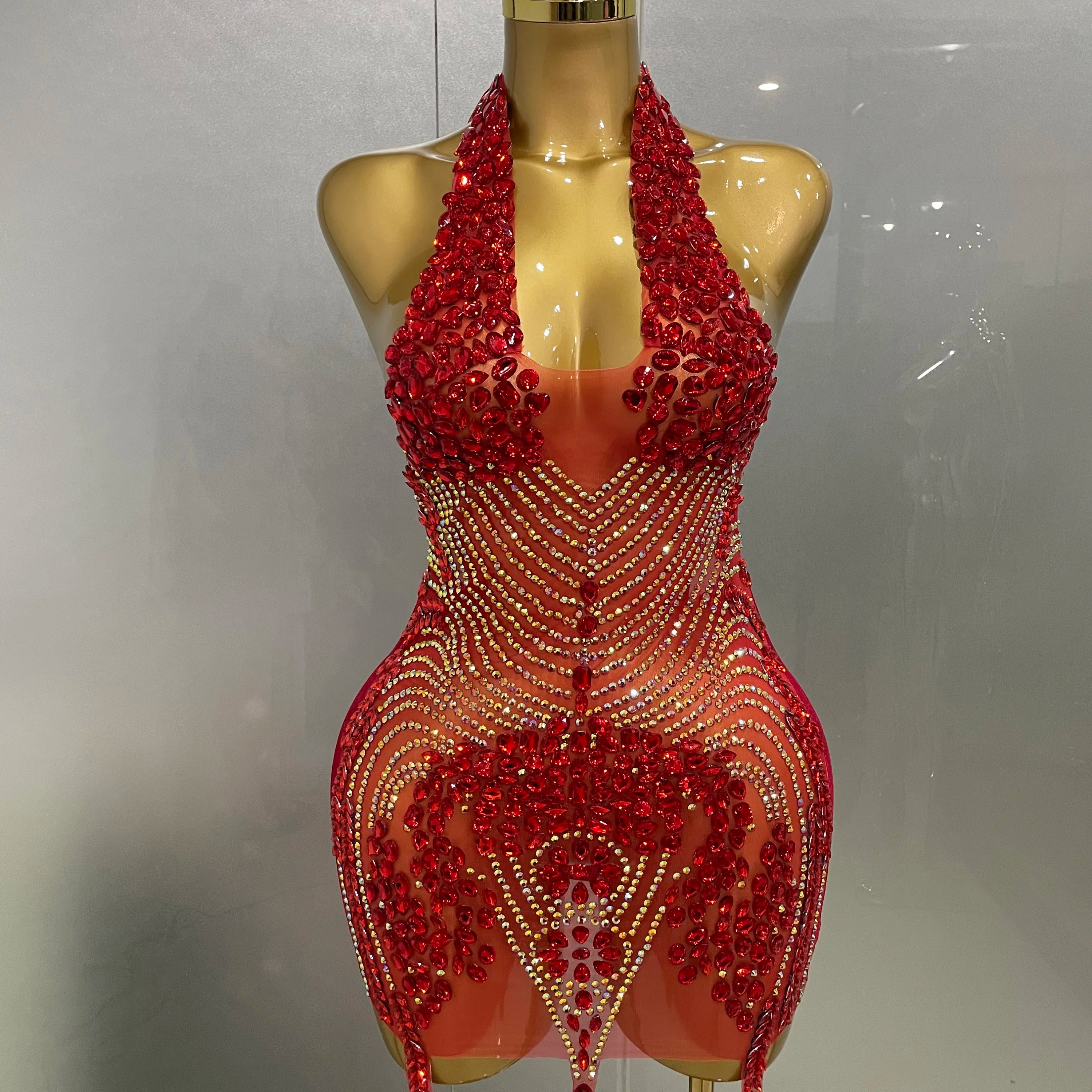 Sexy Red Sparkly Rhinestones Halter Backless Velour Short Dress 2025 New Women Evening Prom Celebrate Birthday Party Stage Wear Red