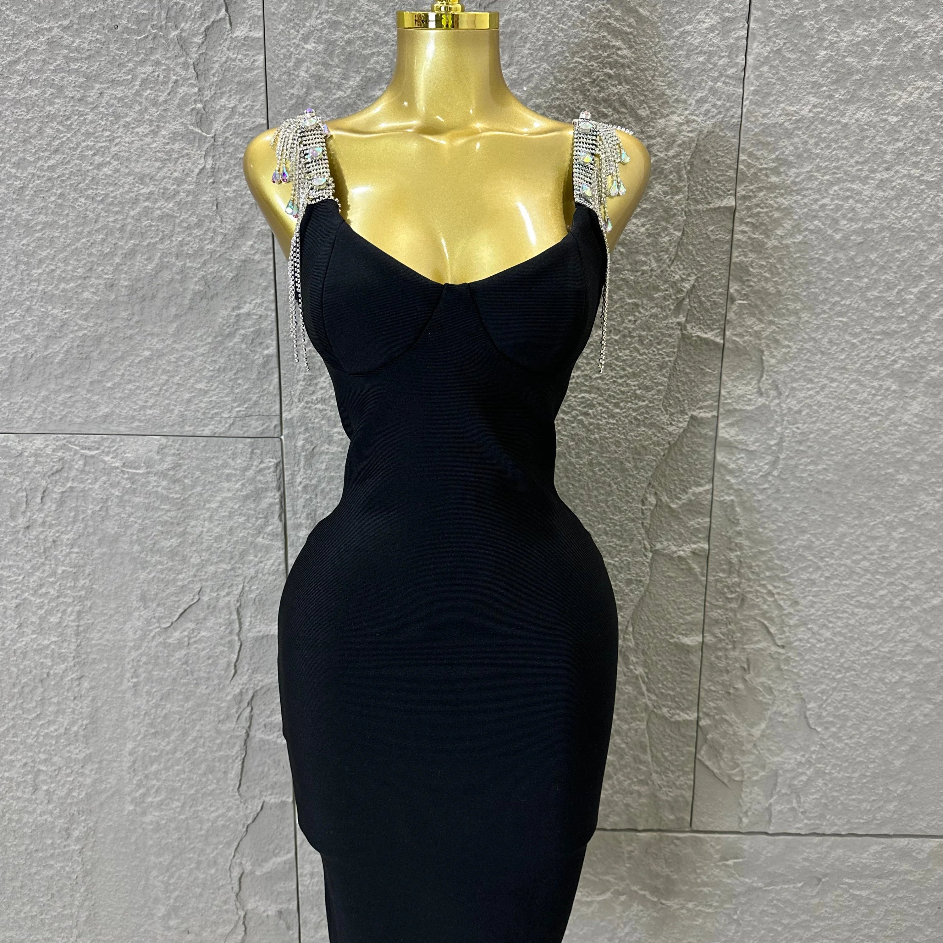 Elegant Sweetheart Neck Mini Dress Women Sexy Crystal Tassel Embellished Spaghetti Strap Bodycon Outfit Formal Event Party