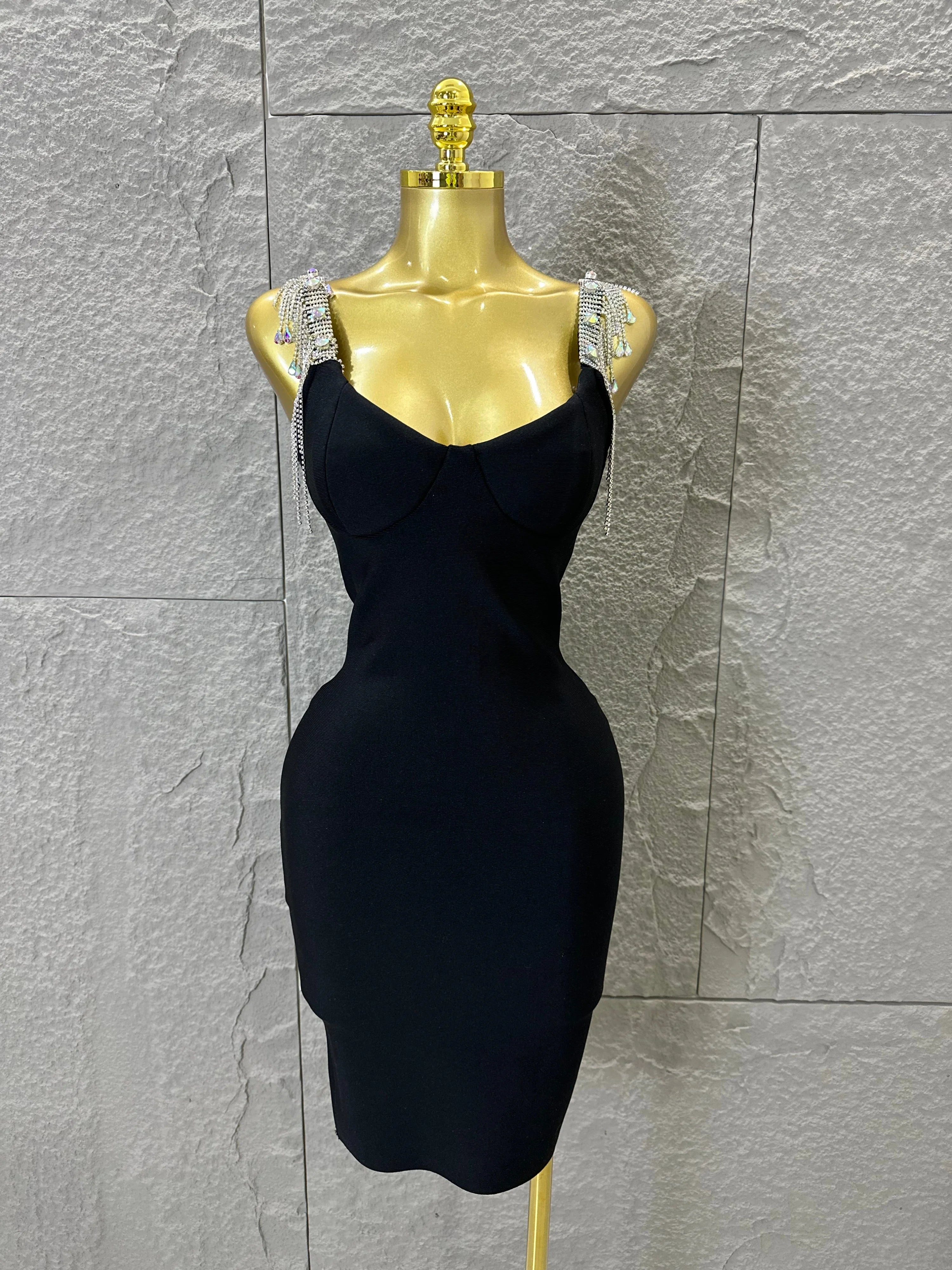 Elegant Sweetheart Neck Mini Dress Women Sexy Crystal Tassel Embellished Spaghetti Strap Bodycon Outfit Formal Event Party