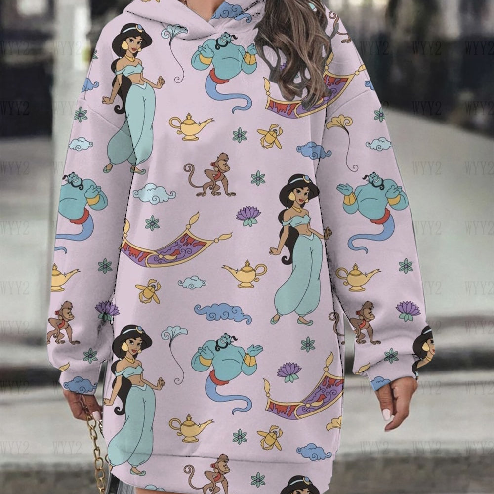 Women's Hoodie Dress Fall Fashion Print Long Sleeve Hooded Dress Women Disney Mermaid Women's Sweatshirt Streetwear
