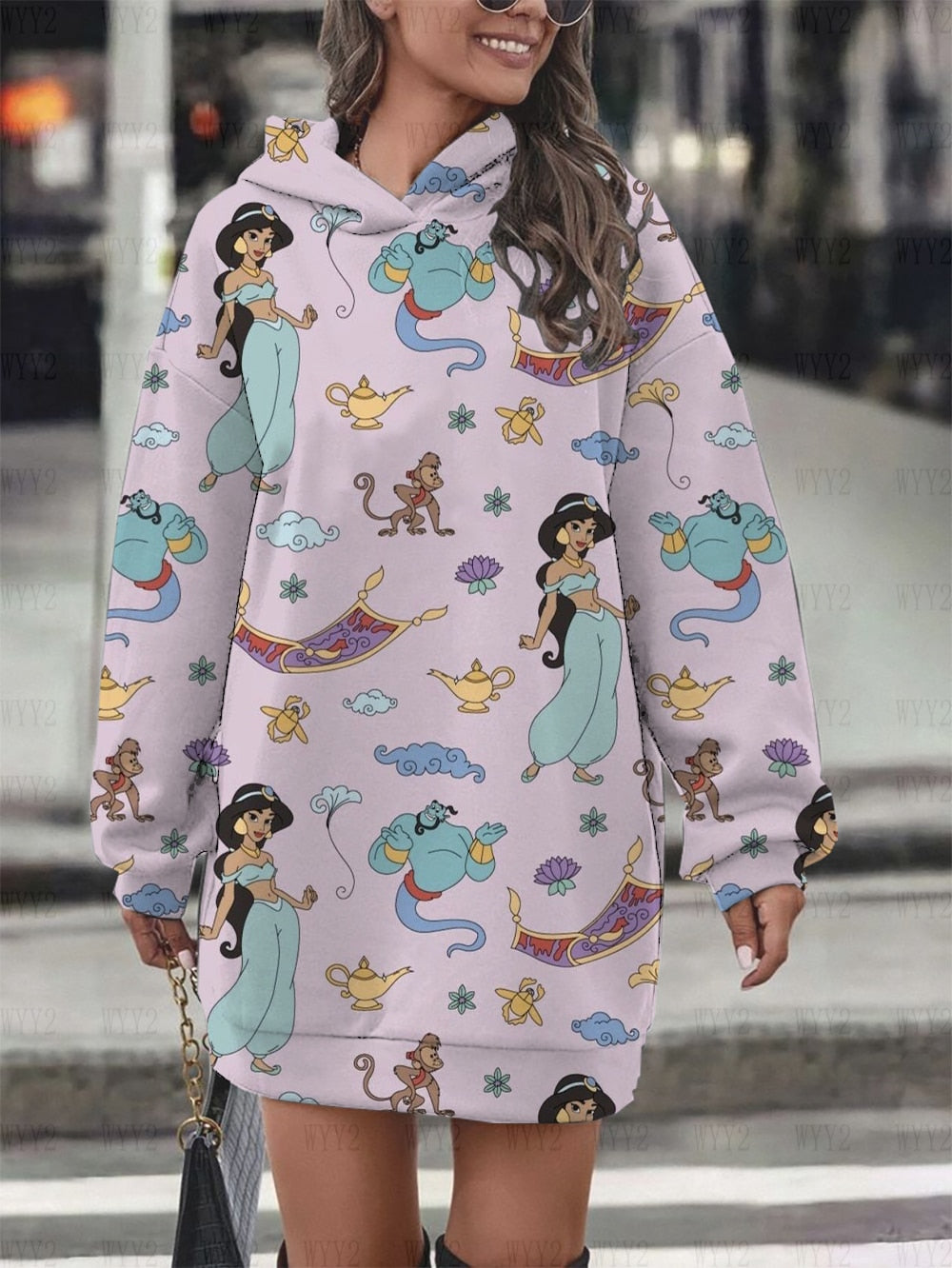 Women's Hoodie Dress Fall Fashion Print Long Sleeve Hooded Dress Women Disney Mermaid Women's Sweatshirt Streetwear