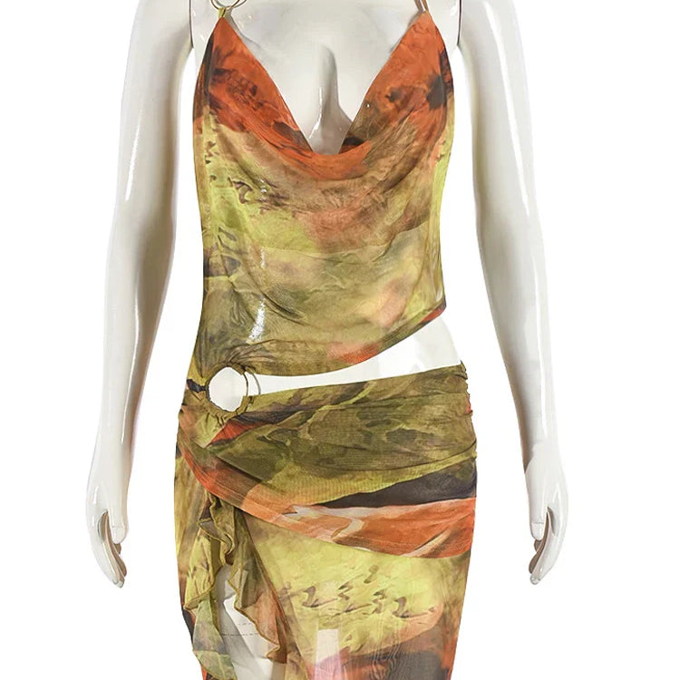 Kricesseen Tropical Halter Neck Mesh Print Ruffles Mini Dress Women Summer Backless O-Rings Cut-Out Night Dress Vacation Outfit MULTI