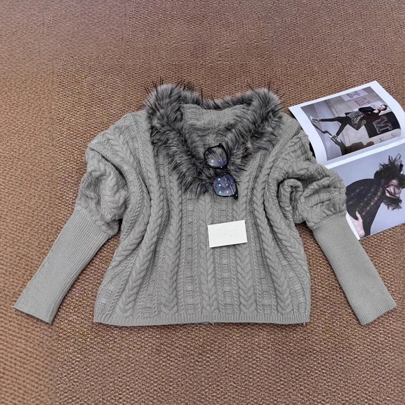 Autumn Winter New Fashion Design Knitted Sweater With Fur Collar Loose Twist Pullover For Women Trendy 11A07787 Gray One Size