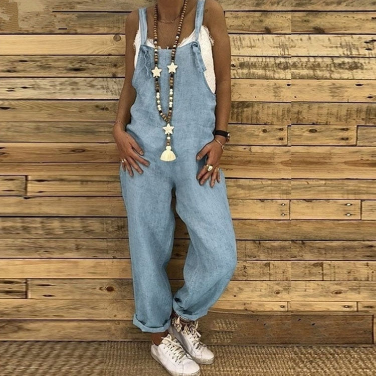 Women's jumpsuit 2024 Women Casual Hot Shot Onesie Spaghetti Strap Loose Romper Overalls Pocket Summer Fashion Jumpsuits Sky Blue