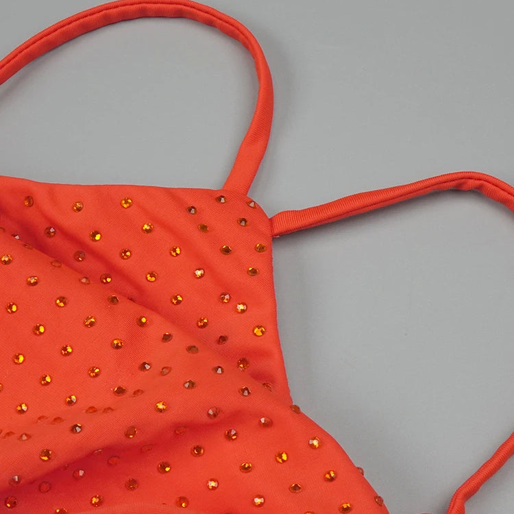 Orange Halter Sleeveless Cut Out Log Dress Diamonds Maxi Bodycon Elegant Party Evening Stage Performance Vestido