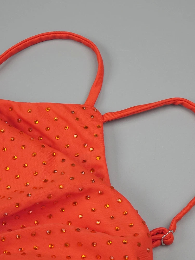 Orange Halter Sleeveless Cut Out Log Dress Diamonds Maxi Bodycon Elegant Party Evening Stage Performance Vestido