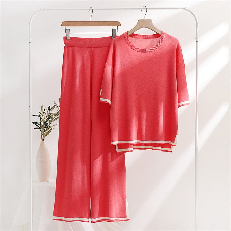 Two Piece Set Elegant Pants Sets Ice Knitted Summer Outfits For Women 2024 Short Sleeve Pajama Suit Red One Size