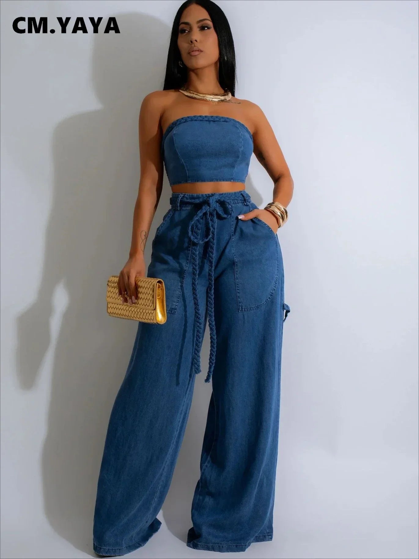Fashion Denim Women's Set Strapless Crop Top and Wide Leg Jeans Pants Suit 2024 Street Two 2 Piece Sets Outfit Tracksuit